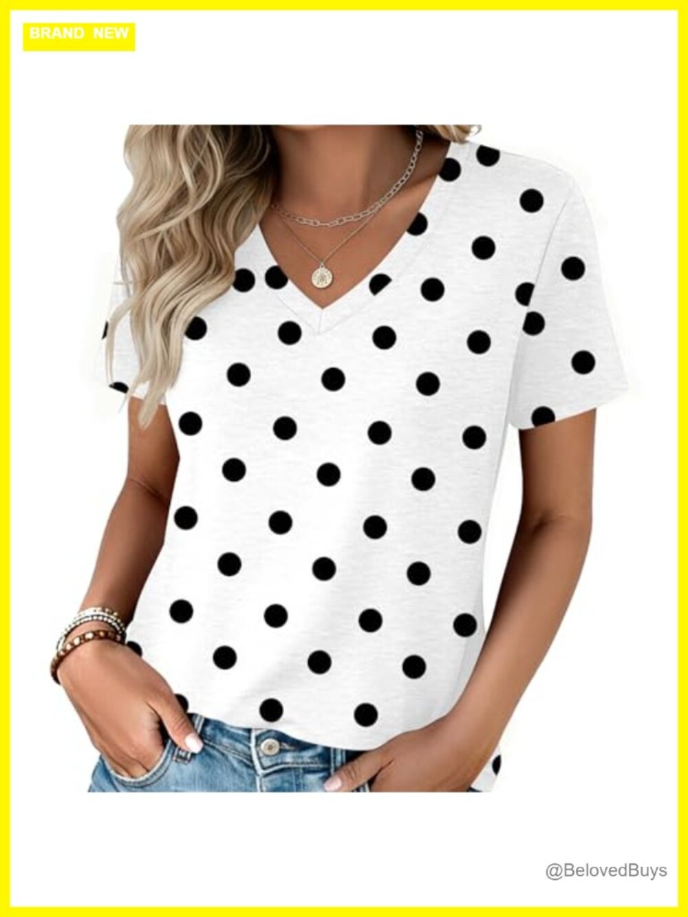 Womens V-Neck Short Sleeve T-Shirt Casual Summer Tee Polka Dot